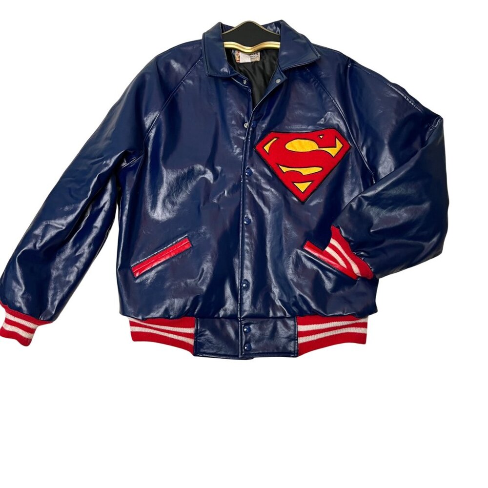 VTG Superman Varsity Jacket Mens XXL Blue Red & White Stripes Justice League USA
